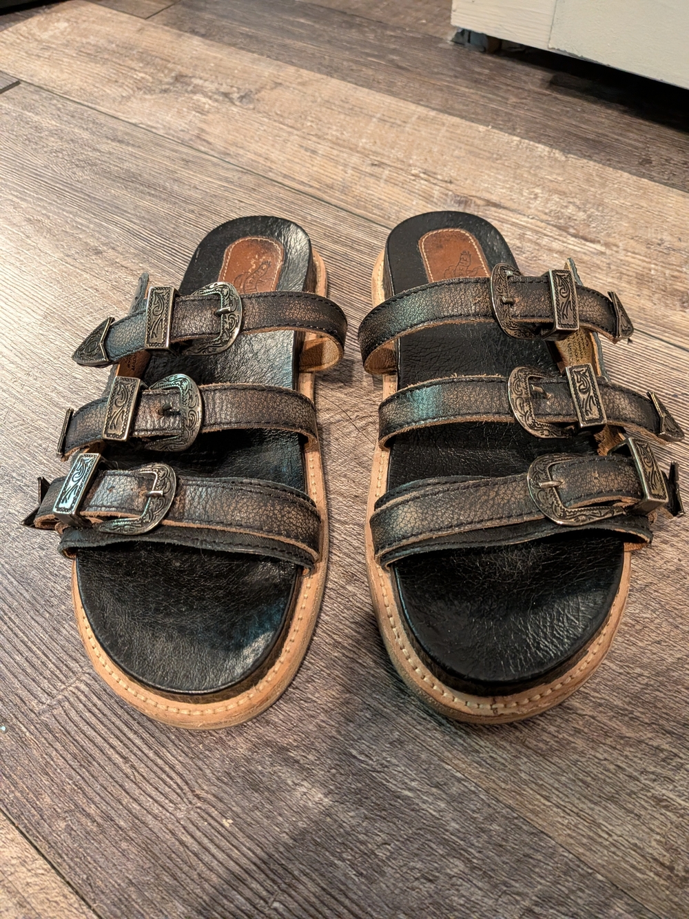 Freebird by Steven Black Triple-Buckle Leather Slide Sandals with Tan Trim